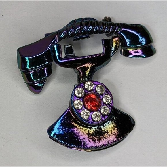 Old Fashioned 2 Piece Phone Clear Crystals Iridescent Vintage Metal Brooch Pin - Picture 2 of 8